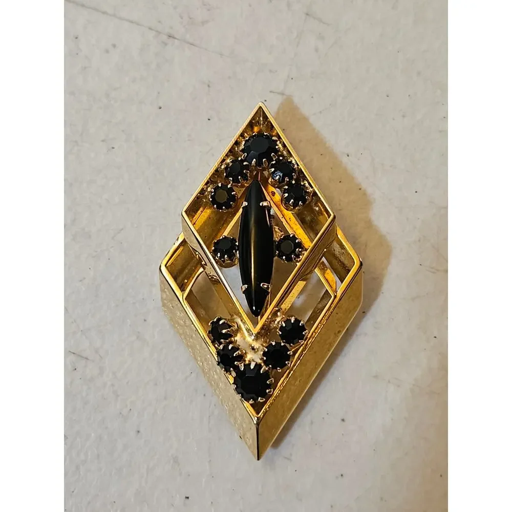 Vintage Black Rhinestone Geometric Gold Tone Brooch Art Deco Revival Pin